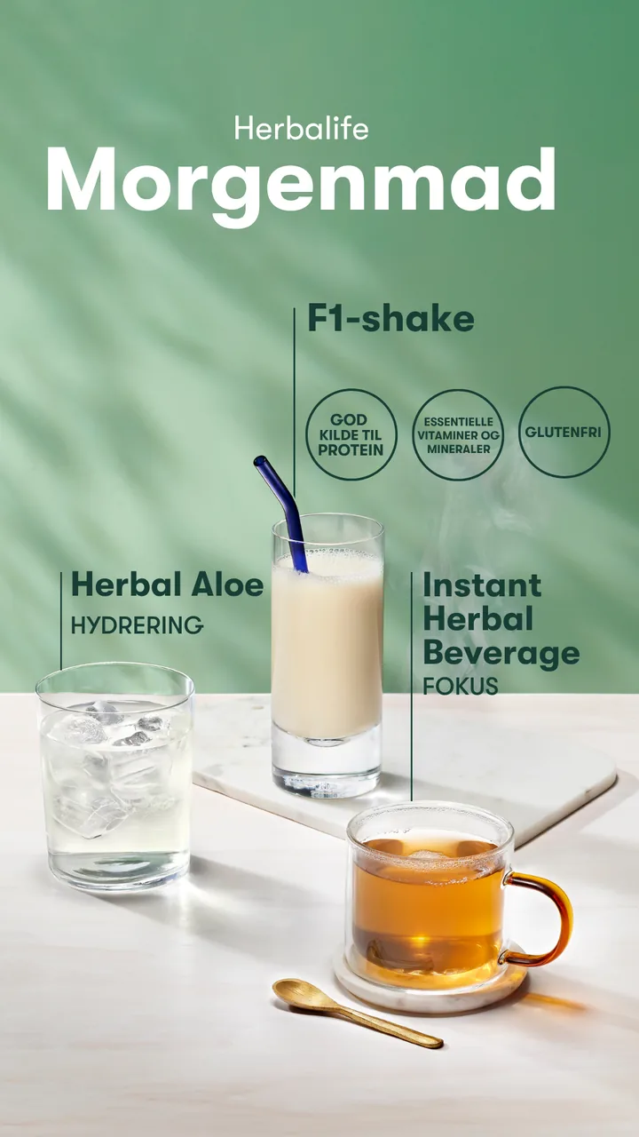 Herbalife morgenmad med Formula 1-shake, Aloe Urtekoncentrat og Instant Urtedrik
